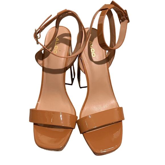 Aldo Priyah Strappy Patent Leather Cognac Block Chunky Block Heel, NWOT, size 11 - Picture 1 of 8